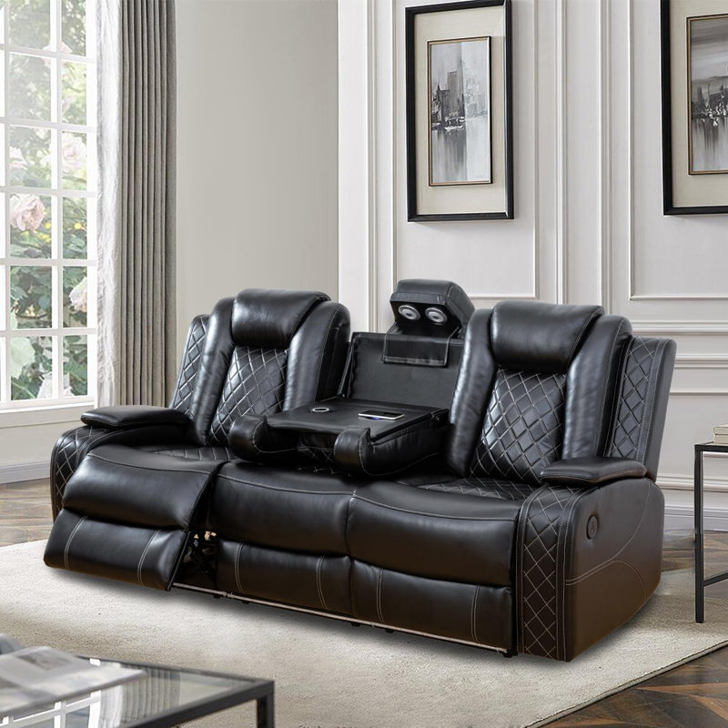 Black leather reclining sofa with led lights sales